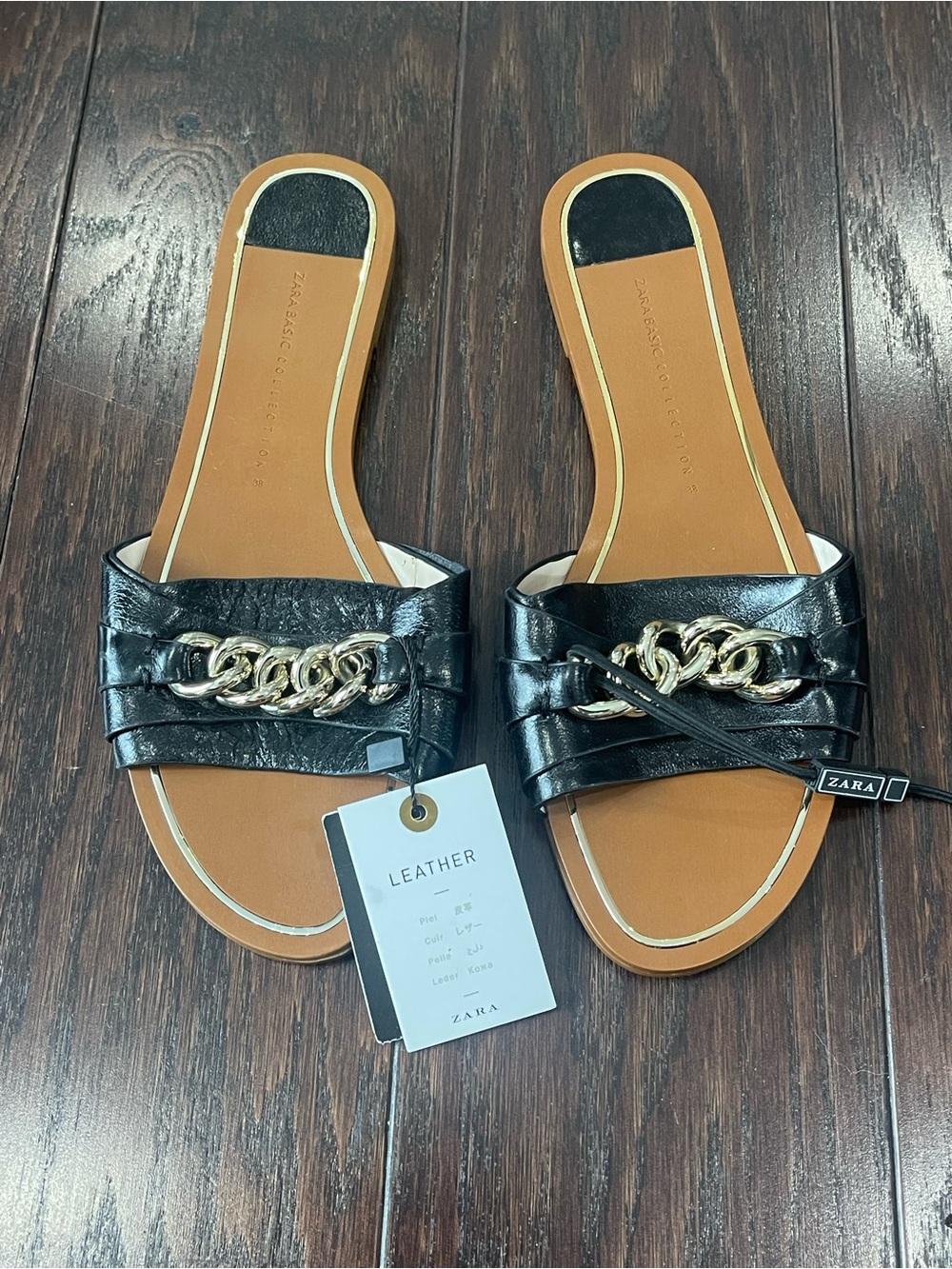Zara Bogalusa Black Leather Gold Chain Slides Women Size 9 NEW